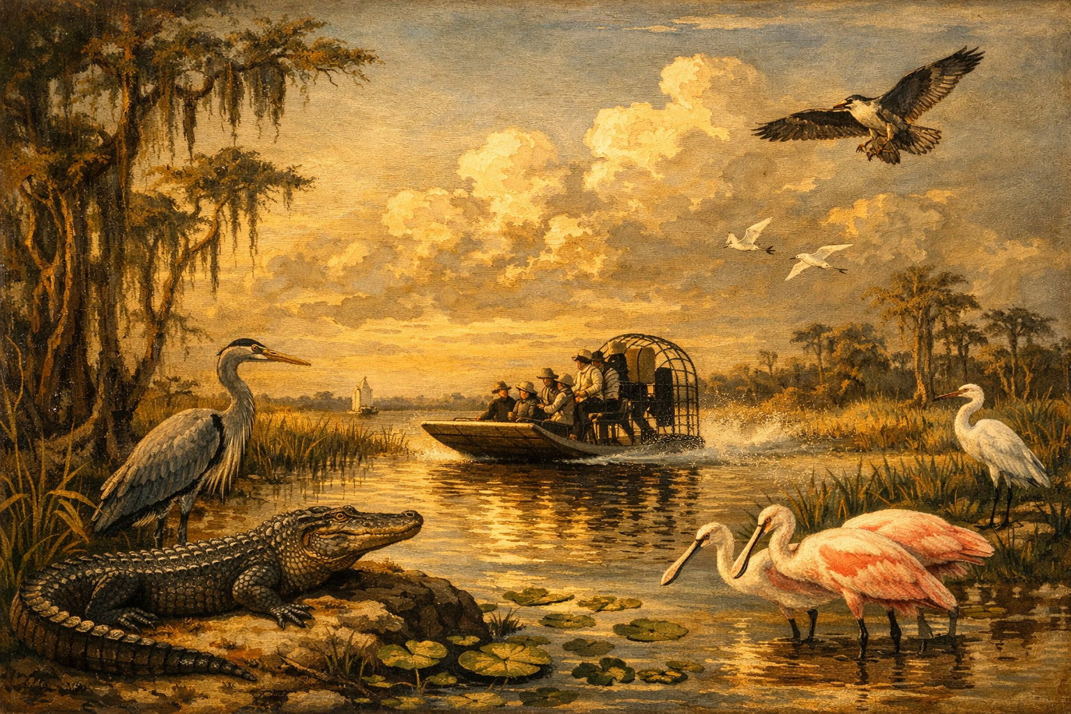 金色の光に包まれたエバーグレーズの湿地と水路