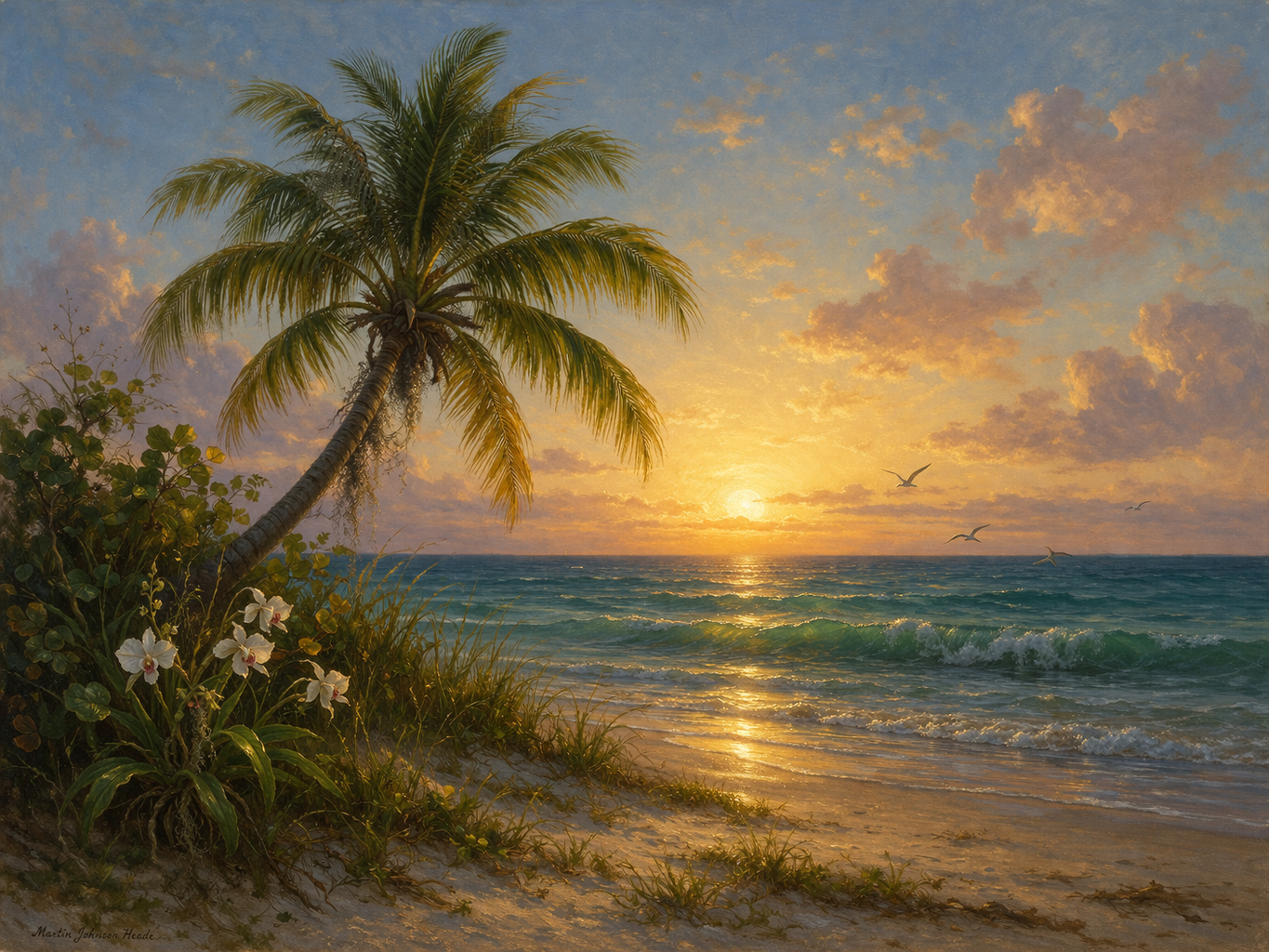 海辺の朝と椰子の穏やかな風景