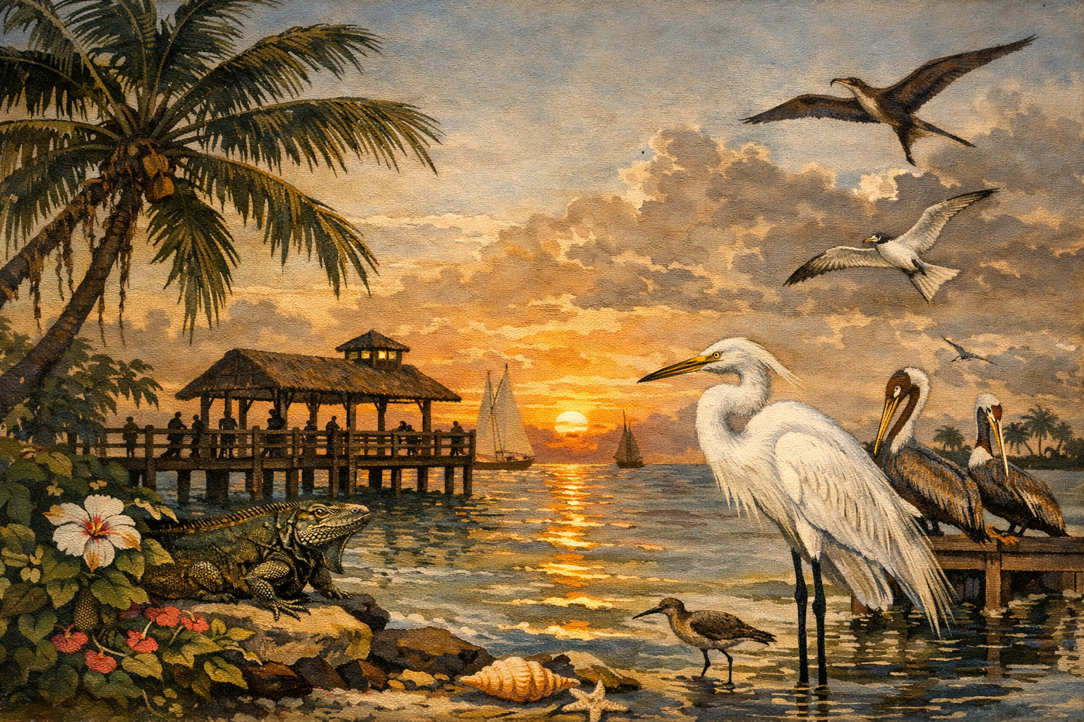 キーウェストの桟橋と夕景