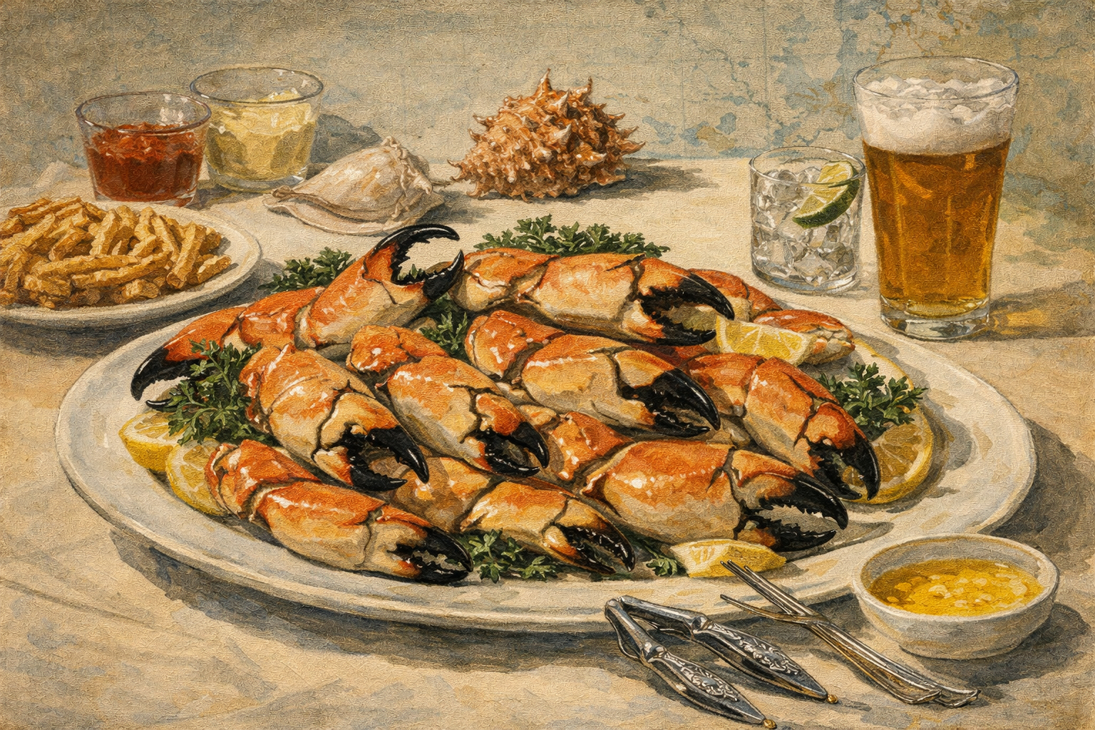 フロリダの海の恵みを思わせる石蟹の食卓